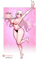 1girls alternate_costume arm_up armpits artist_name bikini birthday_cake black_bikini_bottom border breasts cake cherry commentary commission corrin_(female)_(fire_emblem) corrin_(fire_emblem) corrin_(fire_emblem)_(female) curvy drink edit english_commentary eyelashes feet fire_emblem fire_emblem_cipher fire_emblem_fates food fruit full_body grey_hair hair_between_eyes happy_birthday highleg highleg_bikini highres hips holding jaxartdump jaxdrawz knees_together_feet_apart large_breasts legs long_hair milkshake narrow_waist navel nintendo nipples official_alternate_costume patreon_logo patterned_background pink_background pointy_ears red_eyes shell slender_waist slim_waist solo standing standing_on_one_leg swimsuit thick_thighs thighs tiptoes topless whipped_cream white_border white_hair wide_hips