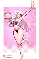 1girls alternate_costume arm_up armpits artist_name bikini birthday_cake black_bikini_bottom border breasts cake cherry commentary commission corrin_(female)_(fire_emblem) corrin_(fire_emblem) corrin_(fire_emblem)_(female) curvy drink english_commentary eyelashes feet fire_emblem fire_emblem_cipher fire_emblem_fates food fruit full_body grey_hair hair_between_eyes happy_birthday highleg highleg_bikini highres hips holding huge_breasts jaxartdump jaxdrawz knees_together_feet_apart large_breasts legs long_hair milkshake narrow_waist navel nintendo official_alternate_costume patreon_logo patterned_background pink_background pointy_ears red_eyes shell shell_bikini slender_waist slim_waist solo standing standing_on_one_leg swimsuit thick_thighs thighs tiptoes whipped_cream white_border white_hair wide_hips