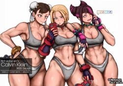 3girls abs arm_on_shoulder biceps black_hair blonde_hair bracelet breasts bun_cover calvin_klein cameltoe cammy_white candy capcom cellphone choker chun-li cleavage collar collarbone controller covered_erect_nipples double_bun dualsense dualshock facial_scar female female_only fingerless_gloves game_controller gamepad gloves grey_panties grey_sports_bra hair_bun hair_horns hershuar highleg highleg_panties human jewelry juri_han large_breasts leaning_on_person lollipop medium_breasts multicolored_hair multiple_girls muscular muscular_female navel panties pendant_choker phone playstation_controller scar scar_on_cheek scar_on_face smartphone smile spiked_bracelet spiked_collar spikes sports_bra stomach streaked_hair street_fighter street_fighter_6 thighs underwear underwear_writing