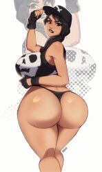 1girls 2d 2d_(artwork) ass big_ass black_cap black_fingerless_gloves black_hair black_lips black_thong black_topwear breasts cap eyeliner female female_only fingerless_gloves fortnite fortnite:_battle_royale from_behind headhunter_(fortnite) huge_breasts lip_biting looking_at_viewer magaska19 seductive seductive_look simple_background survival_specialist tagme thick_thighs thong