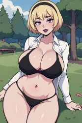 1girls ai_generated black_hairband black_panties black_underwear blonde_hair bra breasts curvy female female_only forest gardener_ai grass hairband homestuck hourglass_figure large_breasts lingerie lipstick makeup midriff navel open_shirt panties park purple_eyes purple_lips purple_lipstick revealing_clothes rose rose_lalonde seductive seductive_eyes shirt short_hair sitting sitting_on_ground skimpy solo stable_diffusion string_panties thick_thighs thin_waist tree trees underwear wide_hips