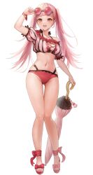 1girls alternate_costume breasts cleavage eyewear_on_head feet female female_only fire_emblem fire_emblem:_three_houses fire_emblem_heroes full_body haru_(nakajou-28) highres hilda_valentine_goneril hilda_valentine_goneril_(summer) holding holding_umbrella legs long_hair medium_breasts nail_polish navel nintendo official_alternate_costume open_mouth parasol pink_eyes pink_hair pink_swimsuit sandals simple_background smile solo stomach swimsuit teeth toenail_polish toenails toes twintails umbrella upper_teeth_only white_background