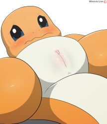 absurd_res anus ass blue_eyes charmander female frown generation_1_pokemon genitals hi_res looking_at_viewer nintendo orange_body pokemon pokemon_(species) pussy simple_background solo spread_legs spreading tail white_background winick-lim yellow_body