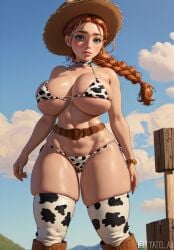 1girls ai_generated big_breasts bikini braided_hair breasts cleavage clothing cowgirl_(western) cowgirl_hat curvy curvy_body curvy_female curvy_figure disney female female_focus female_only green_eyes hat jessie_(toy_story) large_breasts light-skinned_female light_skin looking_at_viewer pixar ponytail red_hair seductive_look solo stable_diffusion thick_thighs toy toy_story toy_story_2 toy_story_3 toy_story_4 voluptuous voluptuous_female