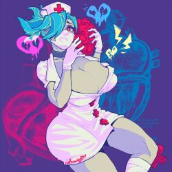 1girls big_breasts blue_hair breasts cleavage cottonwings female female_only grey_skin heart nurse nurse_uniform red_eyes solo solo_female zombie zombie_girl