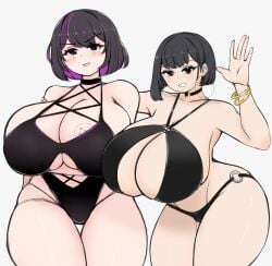 2girls big_breasts bikini black_bikini black_hair black_swimsuit borrowed_character breasts cleavage crossover curvy curvy_females curvy_figure duo duo_focus gigantic_breasts goth_(booruguru) hoop_earrings hoop_earrings_oversized huge_breasts looking_at_viewer makeup necklace original_characters short_hair smiling smiling_at_viewer smooth_skin suomii swimsuit two_tone_hair voluptuous wide_hips