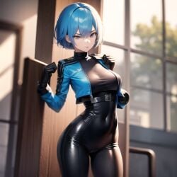 1girls ai_generated belly_button belly_button_visible_through_clothing biker_clothes biker_girl black_clothing blue_clothing cyan_hair female human human_only kylee_(pooplool) navel_visible_through_clothes nemus_waifu_generator pooplool short_hair tagme tight_clothing tomboy