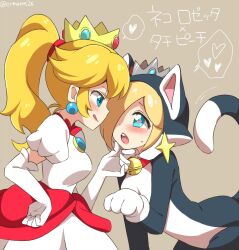 2015 2girls bands bell_collar big_breasts blonde_hair blue_eyes blush breasts brooch cat_collar cat_ears cat_girl cat_rosalina cat_tail catgirl catsuit collar crown dominant_female earrings eromame gloves gold_crown hair_over_one_eye heart heart-shaped_pupils heart_eyes heart_in_eye japanese_text long_hair long_sleeve_gloves mario_(series) medium_breasts motion_lines one_eye_covered open_mouth pet_play petplay ponytail power_up princess_peach princess_rosalina red_brooch red_dress red_earring red_eyes red_hair_tie silver_crown simple_background slave slavegirl speech_bubble star_earrings submissive submissive_female submissive_human super_mario_3d_world text tongue tongue_out twitter_username white_and_red white_dress