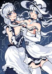 2girls azur_lane belfast_(azur_lane) big_breasts blue_eyes breasts breasts_to_breasts cleavage constellation cottonwings female female_only illustrious_(azur_lane) long_hair looking_at_viewer maid_uniform stockings twintails white_clothing white_hair