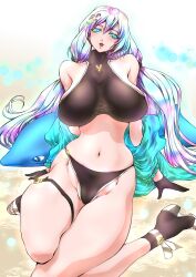 1girls beach bikini blue_eyes cupitan_(granblue_fantasy) dolphin granblue_fantasy huge_breasts kneeling long_hair looking_at_viewer multicolored_hair purple_hair seaside tall_female yuri-ai