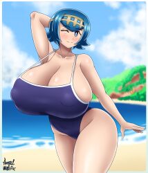 1girls aged_up alternate_breast_size azraelwebster beach blue_eyes blue_hair breasts female female_only huge_breasts hyper_breasts lana_(pokemon) light-skinned_female light_skin nintendo one_eye_closed outdoors png pokemon pokemon_sm short_hair swimsuit thick_thighs wide_hips