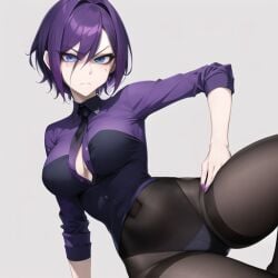 1girls ai_generated annoyed black_pantyhose black_tie cleavage displeased eyebrows_visible_through_hair grey_background looking_at_viewer nemus_waifu_generator pale-skinned_female pantyhose pooplool purple_hair purple_nails purple_shirt short_hair simple_background slim_girl slim_waist solo thin_arms thin_female tie unhappy_female zone-tan