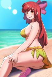 1girls aged_up amber_eyes apple_bloom_(mlp) ass beach bikini bubble_butt friendship_is_magic humanized iojknmiojknm large_breasts long_hair looking_at_viewer my_little_pony red_hair sandals seaside skirt solo thighs voluptuous