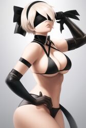 ai_generated arm_warmers bimbo_lips black_bikini blindfold boobs breasts female female_focus female_only gloves looking_at_viewer lwmadcat nier nier:_automata short_hair tagme thick_thighs thighs tits tomboy yorha_2b