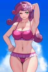 1girls aged_up bikini blush cleavage female friendship_is_magic green_eyes humanized iojknmiojknm large_breasts lavender_hair looking_at_viewer multicolored_hair my_little_pony navel purple_hair solo sweetie_belle_(mlp) unicorn_horn wink