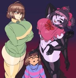 1boy 2girls 6_arms big_breasts breasts brown_hair captain_kirb chara chara_(undertale) chara_dreemurr closed_eyes clothed_male elbow_gloves female_chara frisk frisk_(undertale) frisk_dreemurr frisk_undertale fully_clothed_male gradient_background hand_on_head huge_breasts large_breasts larger_female leggings muffet multi_arm multi_eye multi_limb multiple_girls panties partially_clothed partially_clothed_female purple_eyes purple_hair red_eyes smaller_male spider spider_girl thick_thighs thighs undertale undertale_(series)
