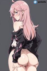 ai_generated ass ass_grab battle_academia_katarina battle_academia_series blush female katarina_du_couteau league_of_legends looking_at_viewer looking_back pink_hair showing_ass simple_background standing