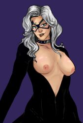 biting_lip black_cat_(marvel) blush bodysuit breasts clothed felicia_hardy legs_apart looking_at_viewer marvel mask nipples nude nude_female superheroine supervillainess victim_official white_hair