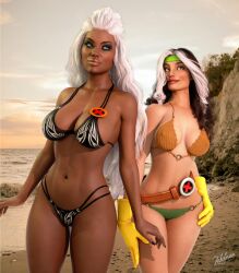 2girls 3d anna_marie beach bikini blue_eyes brown_hair dark-skinned_female duo gloves green_eyes headband huge_breasts large_breasts long_hair marvel marvel_comics multicolored_hair ororo_munroe rogue_(x-men) seaside storm_(x-men) white_hair x-men zulubean