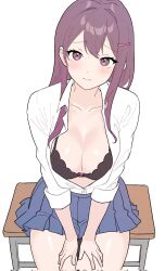 1female 1girls 5_fingers black_bra blue_skirt blush blush_lines blushing bra breasts desk doki_doki_literature_club female female_focus female_human female_only furniture human human_female human_focus human_only long_hair only_female purple_eyes purple_hair school_desk shiny_skin shiny_thighs sitting sitting_down sitting_on_desk sitting_on_furniture skirt solo solo_female solo_focus thighs white_background yuna_4568 yuri_(doki_doki_literature_club)