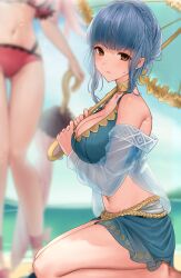 2girls alternate_costume beach bikini blue_bikini blue_hair blue_swimsuit blurry blurry_background blush braid braided_hair breasts brown_eyes cleavage crown_braid female female_only fire_emblem fire_emblem:_three_houses fire_emblem_heroes haru_(nakajou-28) hi_res highres hilda_valentine_goneril hilda_valentine_goneril_(summer) holding holding_umbrella kneeling large_breasts light-skinned_female light_skin looking_at_viewer marianne_von_edmund marianne_von_edmund_(summer) multiple_girls navel nintendo official_alternate_costume parasol pink_bikini pink_swimsuit sand sarong see-through sidelocks sitting solo_focus stomach sweat sweatdrop swimsuit umbrella wariza wet