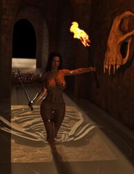 1girls 3d age_of_barbarian ankh_necklace belly_chain bikini_bottom black_hair blue_eyes bracelet gold_pasties holding_torch holding_weapon janus3003 large_breasts sheyna sword torch voluptuous