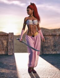 1girls 3d abs athletic_female collar dark-skinned_female fingerless_gloves fit_female gerudo harem_girl harem_outfit harem_pants holding_weapon janus3003 nabooru ocarina_of_time ponytail red_hair sword the_legend_of_zelda