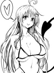 1girls ahoge bikini breasts collarbone curvaceous curvy female fuchitoro lala_satalin_deviluke large_breasts linea_alba long_hair looking_at_viewer monochrome navel smile solo spoken_heart tail to_love-ru