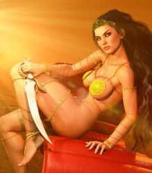 1girls 3d a_princess_of_mars black_hair dejah_thoris fit_female gold_chains holding_weapon john_carter_of_mars large_breasts long_hair martian revealing_clothes royalty sword voluptuous zulubean