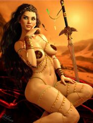 1girls 3d a_princess_of_mars amber_eyes black_hair dejah_thoris fit_female g-string gold_chains gold_pasties john_carter_of_mars kneeling large_breasts literature long_hair martian pasties public_domain royalty science_fiction sword voluptuous zulubean