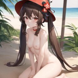 1girls ai_generated beach breasts brown_hair choclobollo female flushed genshin_impact hat hu_tao_(genshin_impact) light_skin long_hair naked naked_female nipples nude nude_female red_eyes sitting small_breasts twintails