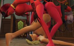 3d big_breasts blonde_hair demon demon_girl demon_horns demon_tail double_penetration elizabeth_grandbust female futa_family futa_on_female futanari grandbust_family horns horns_and_hooves large_breasts m_dunn piledriver_position red_body red_skin succubus succubus_horns succubus_tail the_sims_4 threesome