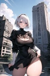 1girls ai_generated android armwear big_breasts black_clothing black_hairband blue_eyes breasts cleavage dress female front_view gloves gynoid hairband hourglass_figure looking_at_viewer nier nier:_automata nier_(series) nipple_bulge nipples oppai_cultist outdoors robot short_hair skirt solo thick_thighs thighs white_hair yorha_2b