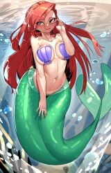 1girls 5_fingers ariel belly belly_button big_breasts blue_eyes blush breasts busty disney disney_princess female female_only fish_girl fish_tail gamjasssak green_tail huge_breasts jpeg large_breasts light-skinned_female light_skin mermaid mermaid_tail monster_girl navel ocean red_hair sea swimming tagme the_little_mermaid tummy underwater water