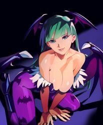 1girls capcom cleavage clothing darkstalkers green_eyes green_hair kneeling large_breasts morrigan_aensland optionaltypo shiny_skin smile succubus