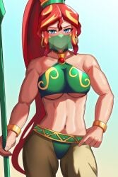 athletic_female blonde_hair blue_eyes breath_of_the_wild earrings equestria_girls fit_female friendship_is_magic gerudo_outfit gerudo_top gerudo_veil harem_girl harem_outfit harem_pants iojknmiojknm large_breasts long_hair looking_at_viewer multicolored_hair my_little_pony ponytail red_hair spear sunset_shimmer the_legend_of_zelda veil