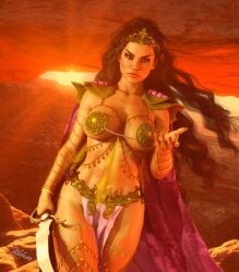 1girls 3d a_princess_of_mars black_hair cape dejah_thoris fit_female gold_chains holding_weapon john_carter_of_mars large_breasts loincloth long_hair martian revealing_clothes royalty shoulder_pads sword voluptuous zulubean