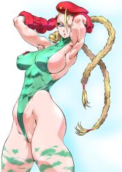 1girls abs armpits athletic_female beret blonde_hair blue_eyes cammy_white capcom female female_only fit_female gauntlets large_breasts leotard long_hair muscular_female solo street_fighter thick_thighs twin_braids twintails voluptuous yuri-ai