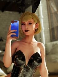 1girls 3d 3d_(artwork) black_lipstick blonde_hair bodysuit bunny_ear bunnysuit clothed final_fantasy final_fantasy_vii final_fantasy_vii_remake latex_suit qyti red_eyes selfie solo solo_female tifa_lockhart