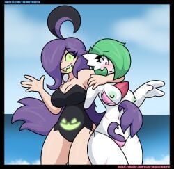 2girls 3_fingers 5_fingers anthro areolae arm_around_neck belly_button bikini bikini_top_pull blush breasts breasts_out flashing flashing_breasts gabriella_(theidiotmuffin) gardevoir gourgeist green_eyes green_hair green_nipples green_tongue hair_tentacles humanized humanoid looking_at_viewer looking_down multiple_girls nipples one_eye_obstructed one_piece_swimsuit pokémon_(species) pokemon pokemon_(species) pokemon_rse pokemon_xy purple_hair red_eyes scars sharp_teeth signature simple_background smiling swimsuit tears text theidiotmuffin url yuri