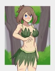 blue_eyes blush brown_hair forest glaring grass_skirt half_naked large_breasts leaf_bikini looking_at_viewer may_(pokemon) mrpenguin navel oerba_yun_fang plant_bikini plant_clothing pokemon pokemon_(manga) pokemon_adventures sapphire_birch_(pokemon) tree