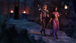 1boy 1boy1girl 1girls 3d 3d_(artwork) 8:7 abs barbarian belly_dancer belly_dancer_outfit black_hair blonde_hair chained chains dark-skinned_female deviantart enslaved_royal harem_girl harem_outfit holding_torch medium_hair muscular_male original original_characters purple_eyes slave slave_collar slave_outfit slavegirl sword torch voluptuous wrist_cuffs