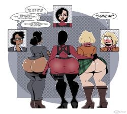 3girls ada_wong ashley_graham ashley_graham_(ella_freya) ass ass_focus bare_ass big_ass black_hair blonde_hair blushing bottom_heavy bubble_ass bubble_butt caked_up chocolate_and_vanilla clothing dark-skinned_female dark_skin dat_ass dialogue dumptruck_ass english_text fat_ass female female_only glasses huge_ass ineptoutcast ingrid_hunnigan large_ass light-skinned_female miniskirt pants_down resident_evil resident_evil_4 short_hair skirt skirt_lift text thick_ass thick_thighs wide_hips