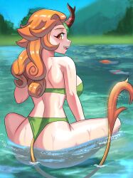 amber_eyes ass autumn_blaze_(mlp) bikini bubble_butt friendship_is_magic horn humanized iojknmiojknm kirin large_breasts long_hair looking_at_viewer looking_back my_little_pony orange_hair sitting_in_water tail voluptuous