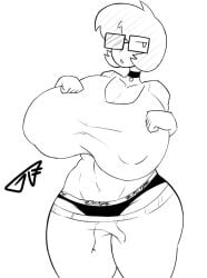 1girls black_panties breasts choker crop_top female_only glasses gr8p_ju1ce gr8py_(gr8p_ju1ce) grapejuicerulez huge_breasts large_breasts midriff monochrome navel nipple_bulge original short_hair signature sketch solo sweatpants tank_top thick_thighs white_background