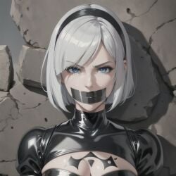 1girls ai_generated android armwear big_breasts black_clothing black_hairband black_latex_catsuit blue_eyes bondage breasts catsuit cleavage domination dominmatrix dress front_view gloves gynoid hairband hourglass_figure huge_breasts latex_catsuit looking_at_viewer masochism nier nier:_automata nipple_bulge nipples outdoors robot sadism short_hair skirt thick_thighs thighs white_hair yorha_2b