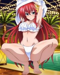 1girls ai_generated armpits arms_behind_head big_breasts bikini blue_eyes breasts busty cleavage feet hi_res high_school_dxd large_breasts legs lifted_by_self long_hair looking_at_viewer navel pose posing red_hair rias_gremory sensual sexy_armpits shirt shirt_lift slut_squat solo spread_legs squatting thighs voluptuous