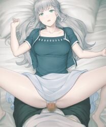 1boy bed_sheet black_jacket black_pants black_shirt breasts censored clothes_lift collarbone female game_cg green_eyes grey_hair grey_skirt hamashima_shigeo hana_tsubaki highres jacket long_hair looking_at_viewer lying male male_underwear medium_breasts minikui_mojika_no_ko miniskirt mosaic_censoring on_back open_clothes open_jacket open_mouth panties pants penis pillow pov shirt short_sleeves skirt skirt_lift spread_legs straight underwear very_long_hair white_male_underwear white_panties white_shirt