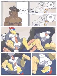 3:4 anal anal_sex anthro ass avian balls bear bird black_body cheech comic curt_(rainyatsu) english_text fur genitals giant_panda hi_res humor hyena male male/male male_penetrated male_penetrating male_penetrating_male mammal muscular nipples notched_ear penetration polar_bear rain-yatsu sex spotted_hyena text ursine white_body white_fur