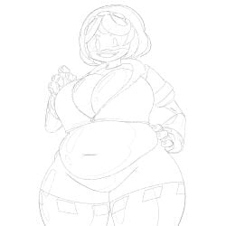 1girl 1girls 2d bbw belly belly_button big_belly big_breasts breasts bursting_out_of_clothing chubby chubby_female disassembly_drone exposed_fat_belly fat fat_female fat_girl fat_woman female female_focus female_only humanoid jacket k looking_at_viewer murder_drones navel robot robot_girl robot_humanoid screen_face sharp_teeth short_hair solo solo_female solo_focus standing thick_legs thick_thighs v_(murder_drones) white_background white_line_art white_lines wide_hips